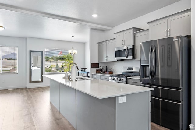 655 W 1430 S, Orem, UT 84058 - kitchen with stainless steel appliances, gray cabinetry, light wood-type flooring, and a kitchen island with sink