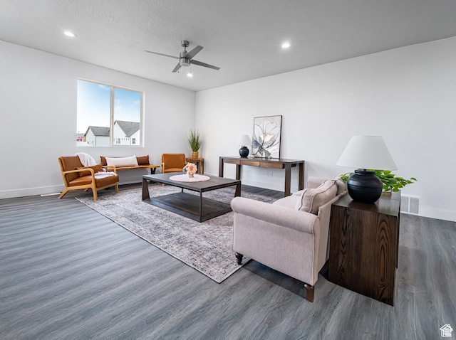 3705 W Chalgrove Rd, Taylor, UT 84401 - living room with dark wood-style flooring, a ceiling fan, and recessed lighting