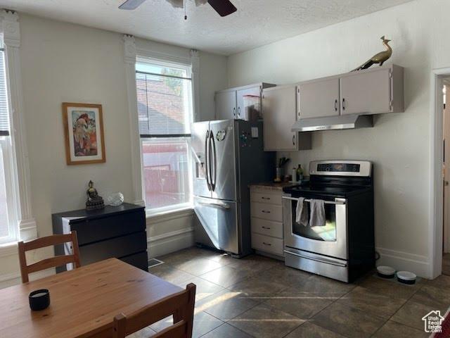 173 N K St E, Salt Lake City, UT 84103 - kitchen with stainless steel appliances, under cabinet range hood, ceiling fan, a textured ceiling, and dark tile patterned flooring