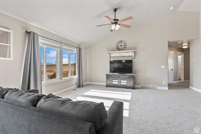1608 S Terrace Rd, Saratoga Springs, UT 84045 - living room featuring vaulted ceiling, a ceiling fan, and carpet flooring
