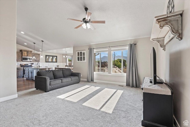 1608 S Terrace Rd, Saratoga Springs, UT 84045 - living area featuring a ceiling fan, healthy amount of natural light, light colored carpet, lofted ceiling, and recessed lighting