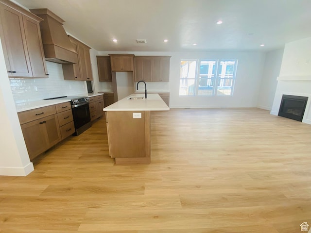 6511 W Lake Ave, South Jordan, UT 84009 - kitchen featuring custom exhaust hood, open floor plan, stainless steel range with electric stovetop, tasteful backsplash, and light wood-style flooring