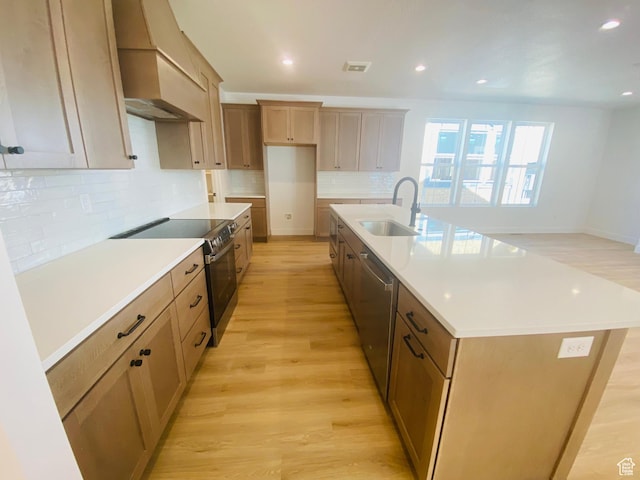 6511 W Lake Ave, South Jordan, UT 84009 - kitchen with range with electric stovetop, dishwasher, light wood-style flooring, tasteful backsplash, and recessed lighting