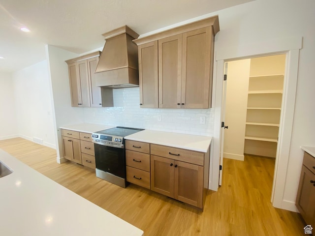 6511 W Lake Ave, South Jordan, UT 84009 - kitchen with stainless steel electric range oven, custom exhaust hood, light wood-type flooring, and decorative backsplash