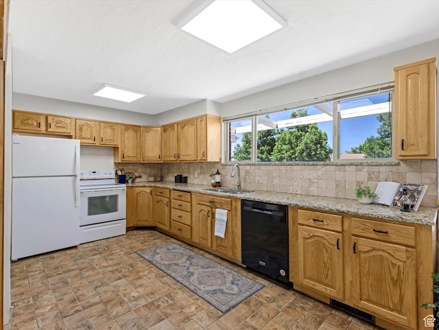 2848 E Loran Heights Dr, Millcreek, UT 84109 - kitchen with white appliances, tasteful backsplash, light stone counters, and stone finish flooring