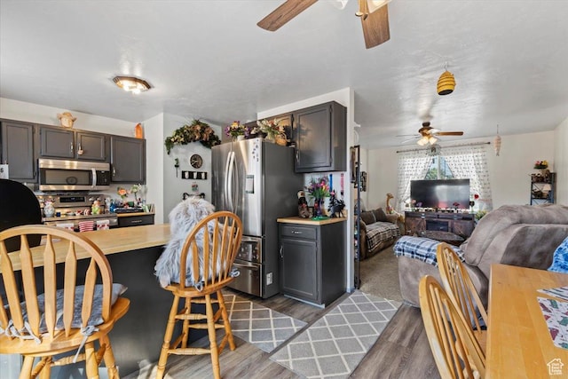 5987 S Salem Cir, Salt Lake City, UT 84118 - kitchen featuring stainless steel appliances, a ceiling fan, wood finished floors, and open floor plan