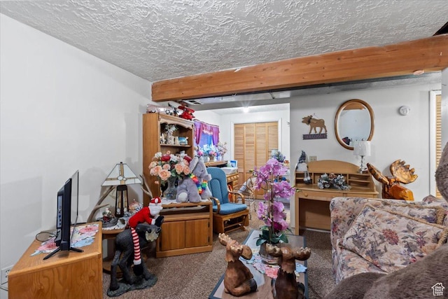 5987 S Salem Cir, Salt Lake City, UT 84118 - carpeted living room with a textured ceiling and beam ceiling