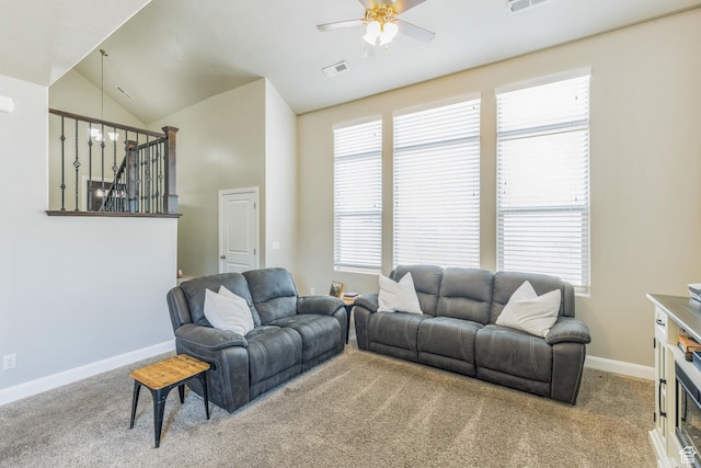 150 N 1100 E Unit 63, Washington, UT 84780 - living room with ceiling fan, carpet floors, vaulted ceiling, and healthy amount of natural light