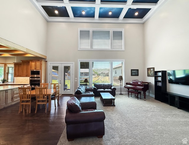1645 E 6800 S, Uintah, UT 84405 - living area featuring a high ceiling, french doors, coffered ceiling, beam ceiling, and ornamental molding