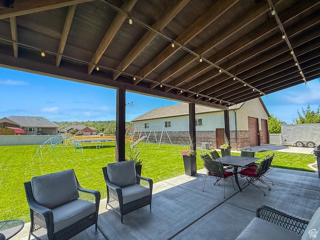 1645 E 6800 S, Uintah, UT 84405 - fenced backyard featuring a playground, a patio area, a trampoline, and outdoor dining space