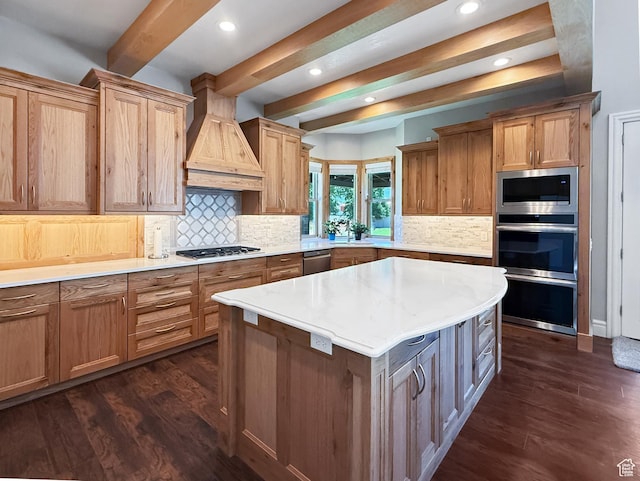 1645 E 6800 S, Uintah, UT 84405 - kitchen featuring custom exhaust hood, stainless steel appliances, beamed ceiling, dark wood-style floors, and light countertops