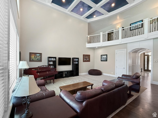 1645 E 6800 S, Uintah, UT 84405 - living area with a towering ceiling, healthy amount of natural light, arched walkways, recessed lighting, and coffered ceiling