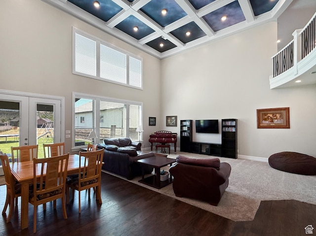 1645 E 6800 S, Uintah, UT 84405 - living area featuring a high ceiling, coffered ceiling, french doors, beam ceiling, and dark wood finished floors