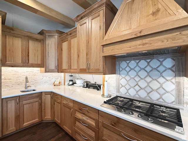 1645 E 6800 S, Uintah, UT 84405 - kitchen with stainless steel gas stovetop, tasteful backsplash, light countertops, dark wood-style floors, and beam ceiling