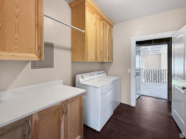 1645 E 6800 S, Uintah, UT 84405 - laundry area with cabinet space, dark wood finished floors, washing machine and dryer, and electric panel