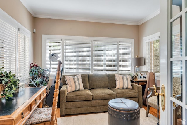 1120 E Yale Ave, Salt Lake City, UT 84105 - living area featuring healthy amount of natural light, wood finished floors, and crown molding