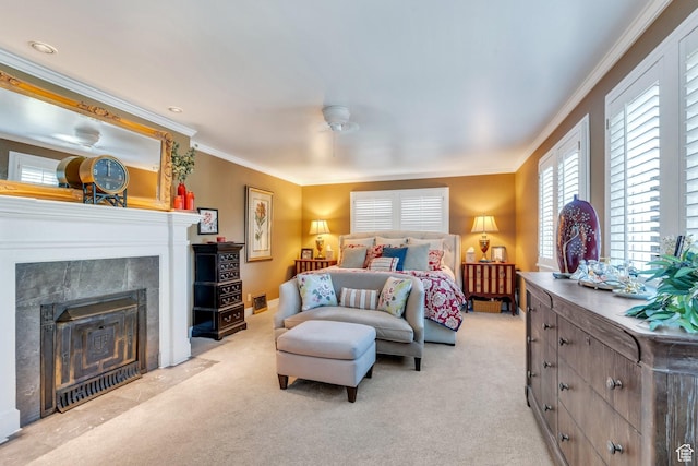 1120 E Yale Ave, Salt Lake City, UT 84105 - bedroom featuring light carpet, crown molding, and a tiled fireplace