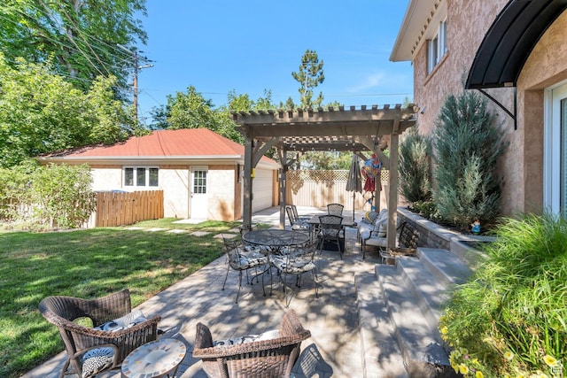 1120 E Yale Ave, Salt Lake City, UT 84105 - view of patio with a pergola, outdoor dining space, a garage, and an outbuilding