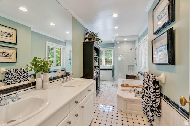 1120 E Yale Ave, Salt Lake City, UT 84105 - full bathroom featuring a bath, double vanity, crown molding, a shower stall, and healthy amount of natural light