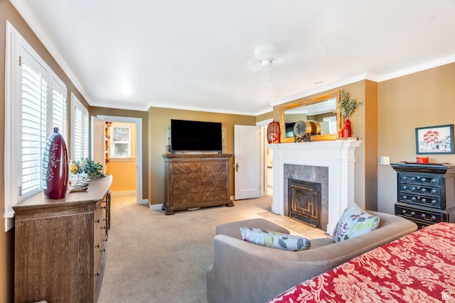 1120 E Yale Ave, Salt Lake City, UT 84105 - living room with ornamental molding, light carpet, and a fireplace with flush hearth