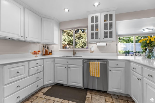 3491 S Monte Verde Dr E, Millcreek, UT 84109 - kitchen with dishwasher, stone tile flooring, recessed lighting, white cabinets, and glass insert cabinets
