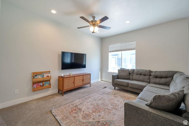 3781 W 2330 N, Lehi, UT 84043 - living area with light colored carpet, a ceiling fan, and recessed lighting
