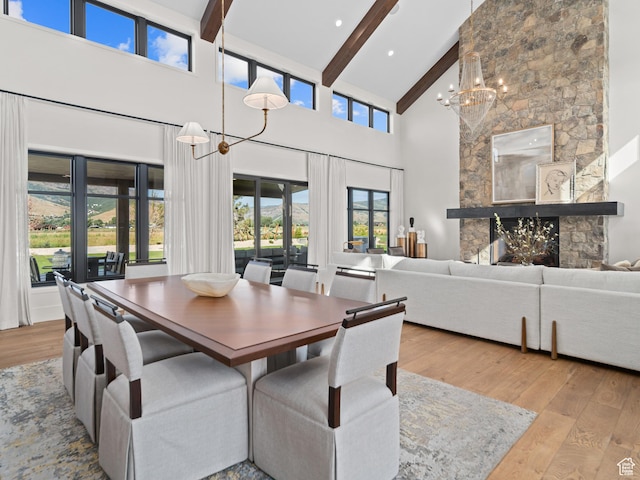 322 S 7900th St E Unit 5, Huntsville, UT 84317 - dining space featuring high vaulted ceiling, beamed ceiling, a chandelier, wood finished floors, and a fireplace
