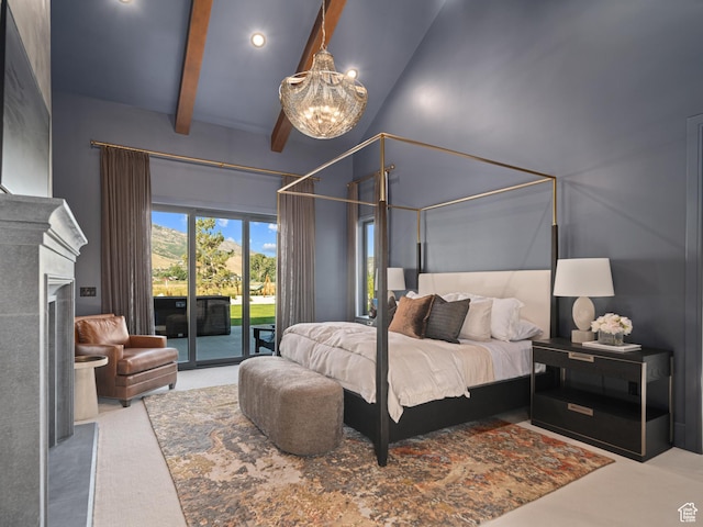 322 S 7900th St E Unit 5, Huntsville, UT 84317 - bedroom featuring access to exterior, a chandelier, beam ceiling, a fireplace, and recessed lighting