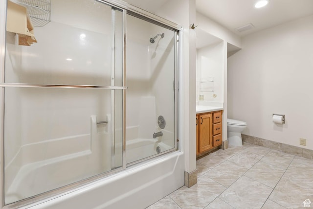 3574 E Kings Cove Way, Cottonwood Heights, UT 84121 - full bath with vanity, shower / bath combination with glass door, marble look tiles, and recessed lighting