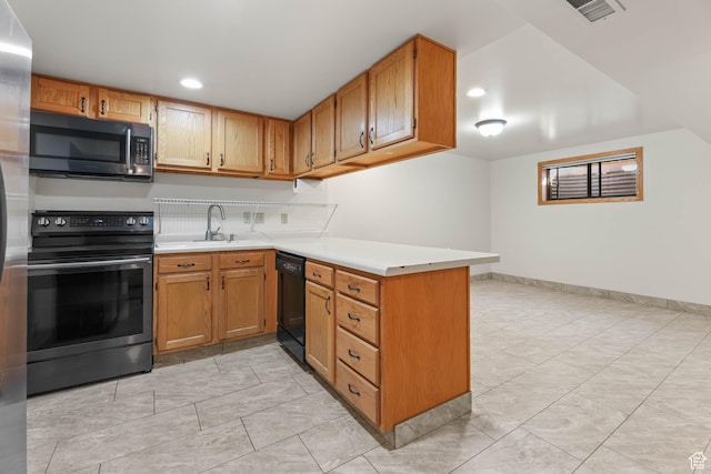 3574 E Kings Cove Way, Cottonwood Heights, UT 84121 - kitchen with stainless steel electric range oven, dishwasher, light countertops, a peninsula, and brown cabinetry