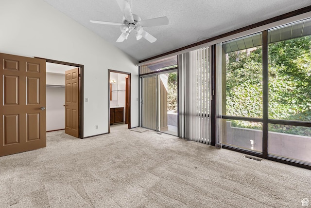 3574 E Kings Cove Way, Cottonwood Heights, UT 84121 - unfurnished bedroom with carpet, lofted ceiling, a walk in closet, a textured ceiling, and connected bathroom