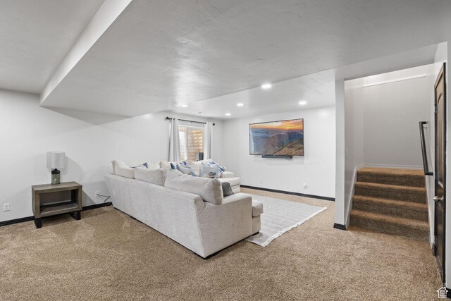 3584 S Autumn Gate Ct, Magna, UT 84044 - living area featuring recessed lighting, carpet flooring, and stairway