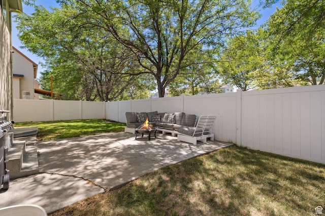 3584 S Autumn Gate Ct, Magna, UT 84044 - fenced backyard with an outdoor living space with a fire pit and a patio