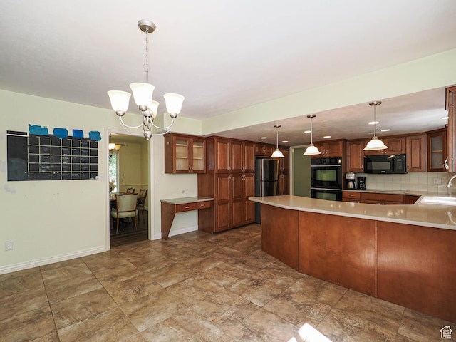 1473 E Millcreek Way, Millcreek, UT 84106 - kitchen with black appliances, a chandelier, glass insert cabinets, a peninsula, and decorative backsplash