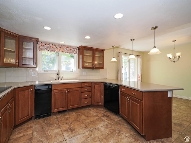 1473 E Millcreek Way, Millcreek, UT 84106 - kitchen with black dishwasher, a peninsula, tasteful backsplash, decorative light fixtures, and recessed lighting