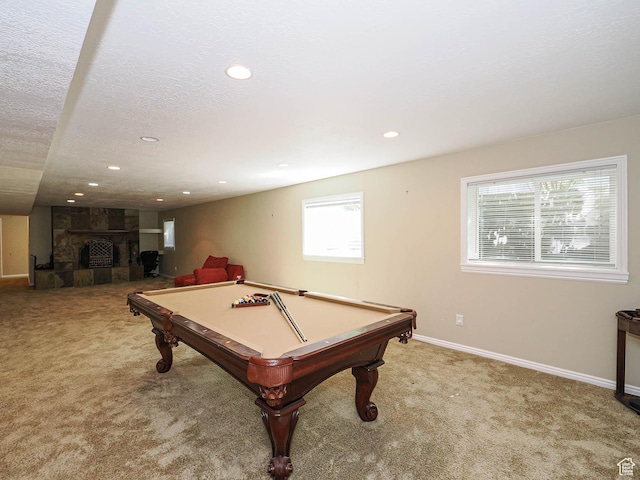 1473 E Millcreek Way, Millcreek, UT 84106 - game room featuring carpet floors, a fireplace, pool table, recessed lighting, and a textured ceiling