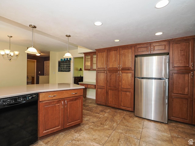 1473 E Millcreek Way, Millcreek, UT 84106 - kitchen featuring freestanding refrigerator, dishwasher, brown cabinetry, a chandelier, and hanging light fixtures