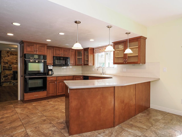1473 E Millcreek Way, Millcreek, UT 84106 - kitchen with black appliances, a peninsula, tasteful backsplash, glass insert cabinets, and recessed lighting