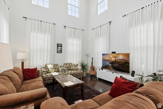 10606 S Redknife Dr, South Jordan, UT 84009 - living area featuring a towering ceiling and dark wood-style flooring