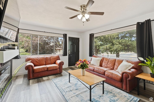 780 N 200 E, Spanish Fork, UT 84660 - living room with a ceiling fan, healthy amount of natural light, wood finished floors, and a textured ceiling