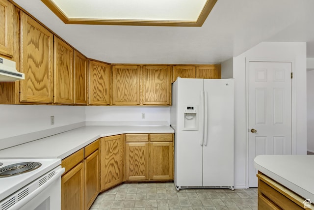 2386 N 725 W, Layton, UT 84041 - kitchen with white refrigerator with ice dispenser, light countertops, brown cabinets, and under cabinet range hood