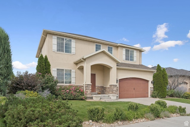2886 N Desert Forest Ln, Lehi, UT 84043 - view of front of home with stucco siding, a garage, driveway, and stone siding