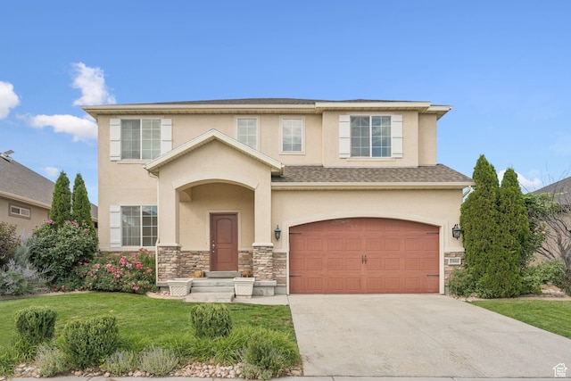 2886 N Desert Forest Ln, Lehi, UT 84043 - view of front of home featuring stucco siding, stone siding, an attached garage, driveway, and a front lawn
