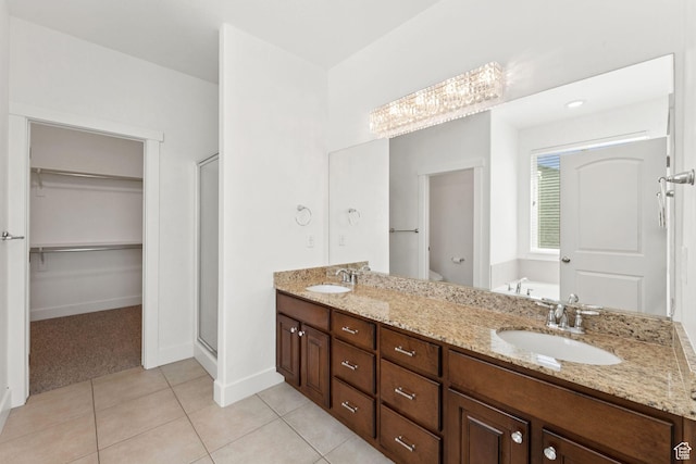 2886 N Desert Forest Ln, Lehi, UT 84043 - full bath featuring a bath, a stall shower, double vanity, tile patterned flooring, and a walk in closet