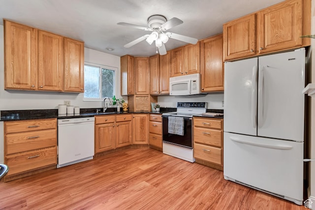 6074 W Wending Ln, West Valley City, UT 84128 - kitchen featuring white appliances, light wood-type flooring, and ceiling fan