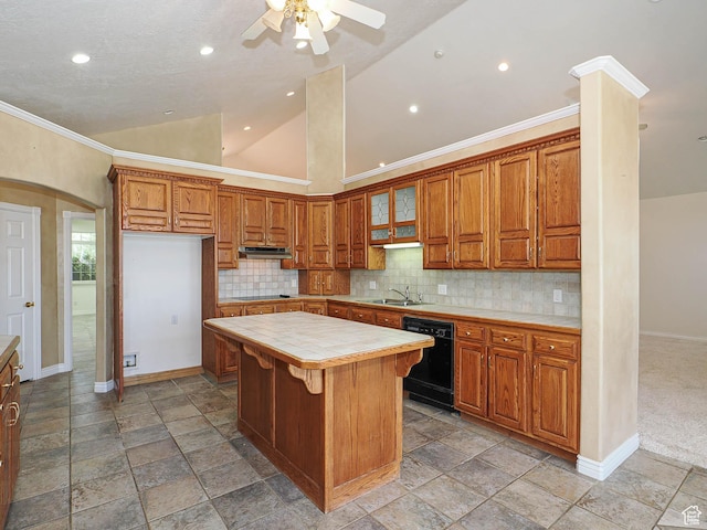 1539 S 50 E, Salem, UT 84653 - kitchen with black appliances, tile counters, a center island, a ceiling fan, and lofted ceiling