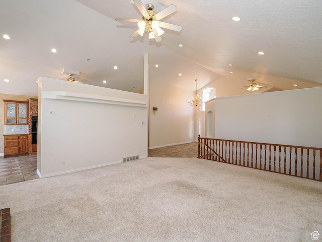 1539 S 50 E, Salem, UT 84653 - unfurnished living room featuring ceiling fan, light colored carpet, vaulted ceiling, a chandelier, and recessed lighting