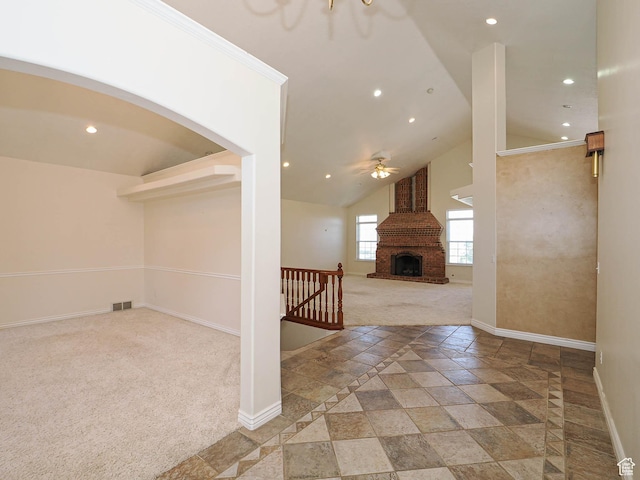 1539 S 50 E, Salem, UT 84653 - interior space featuring carpet flooring, recessed lighting, a ceiling fan, high vaulted ceiling, and stone tile flooring