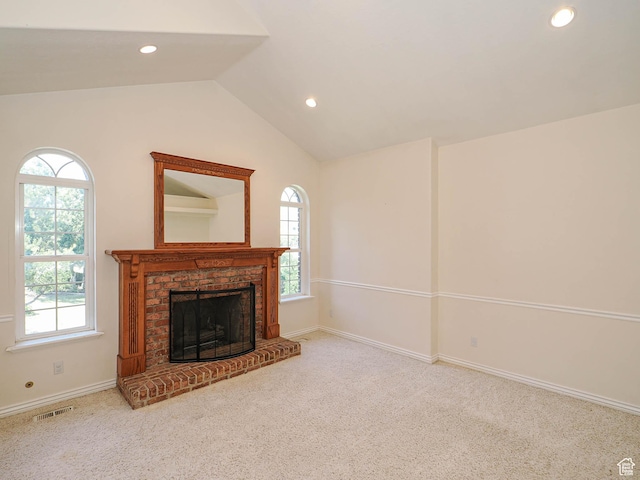 1539 S 50 E, Salem, UT 84653 - unfurnished living room featuring carpet, recessed lighting, lofted ceiling, and a brick fireplace
