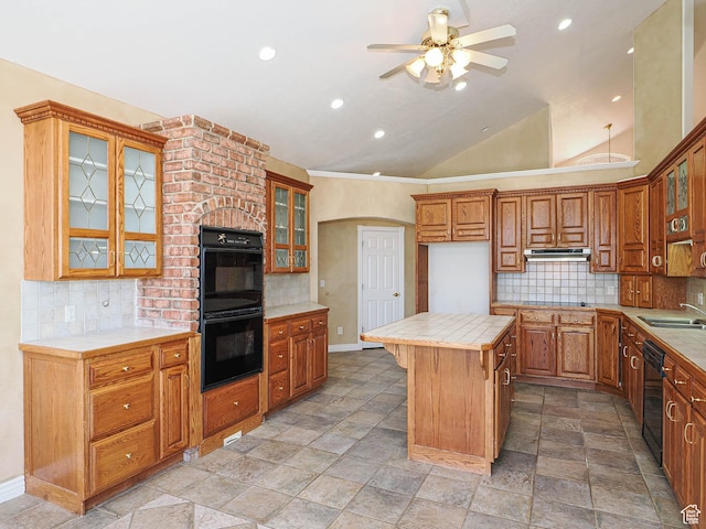 1539 S 50 E, Salem, UT 84653 - kitchen featuring black appliances, a ceiling fan, stone tile floors, recessed lighting, and tasteful backsplash